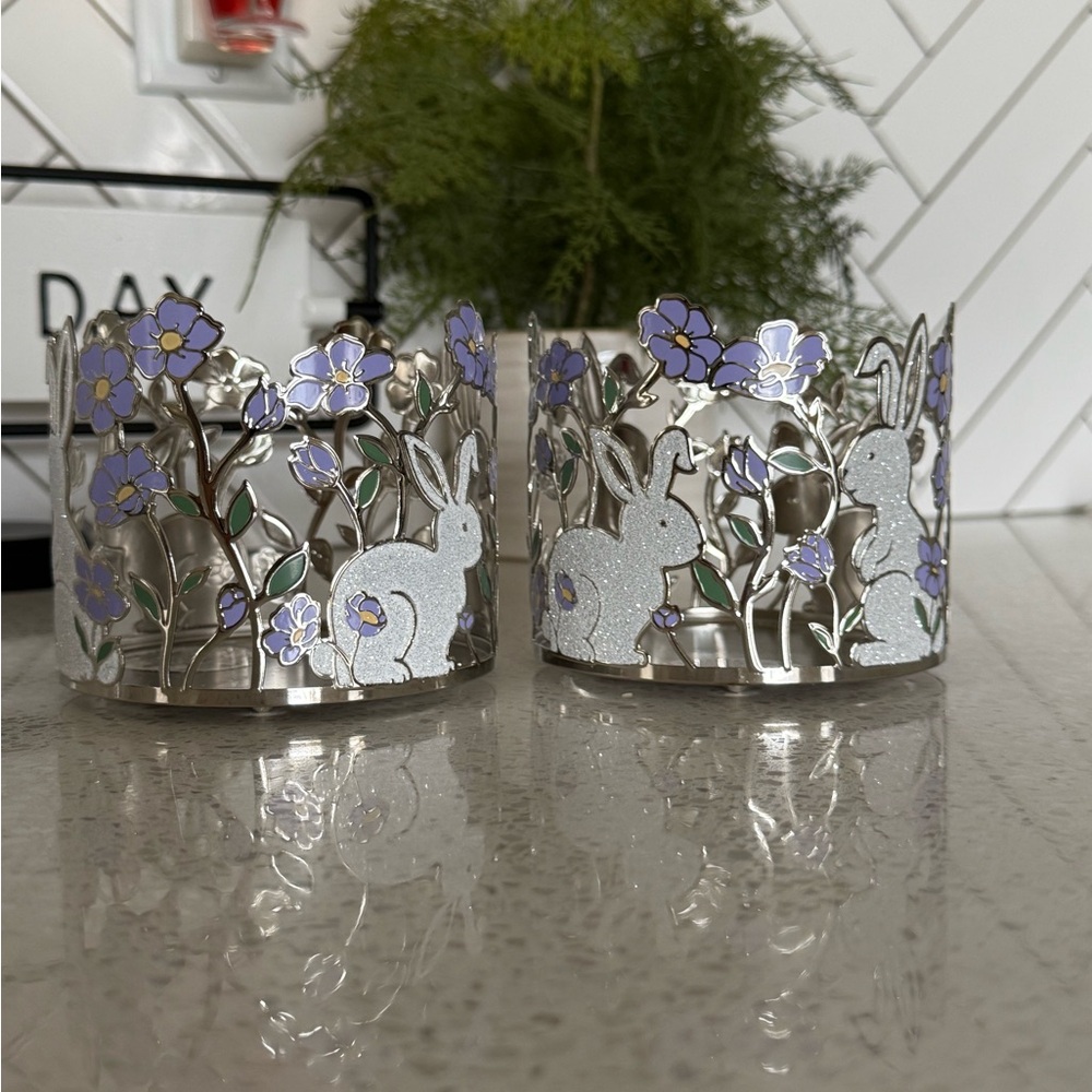 Bath and Body Works Floral Bunny Candle Holders - Silver and Purple